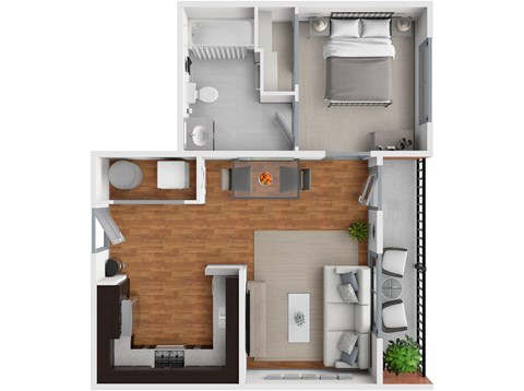 A 3D floor plan of a small apartment with a kitchen, living room, and bathroom.
